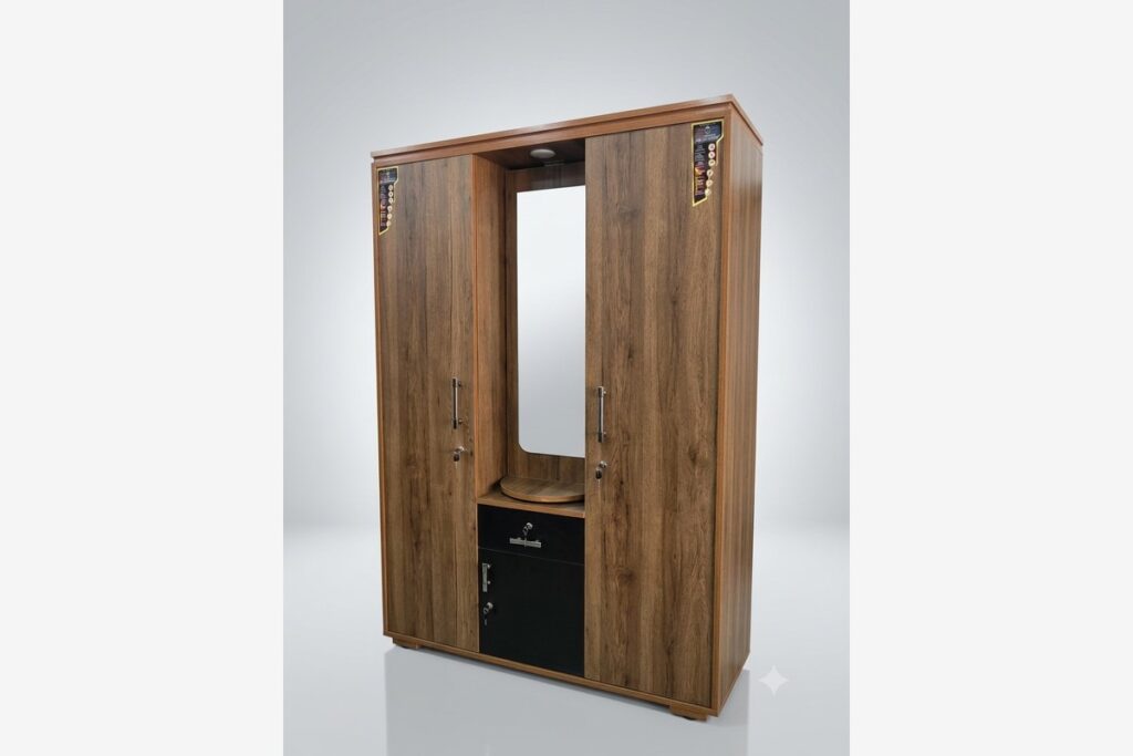 Walnut 3-Door Dressing Wardrobe with Mirror